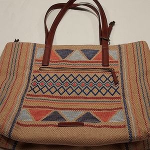 Lucky Brand tan embroidered Aztec Bag EUC